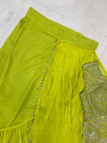 READY TO WEAR LEHENGA SAREE WITH SLEEVLESS  BLOUSE WITH BACK PATTERN AND SEQUENCE EMBROIDERY WORK