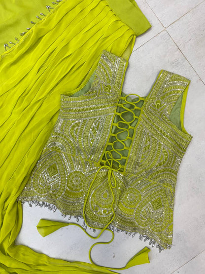 READY TO WEAR LEHENGA SAREE WITH SLEEVLESS  BLOUSE WITH BACK PATTERN AND SEQUENCE EMBROIDERY WORK