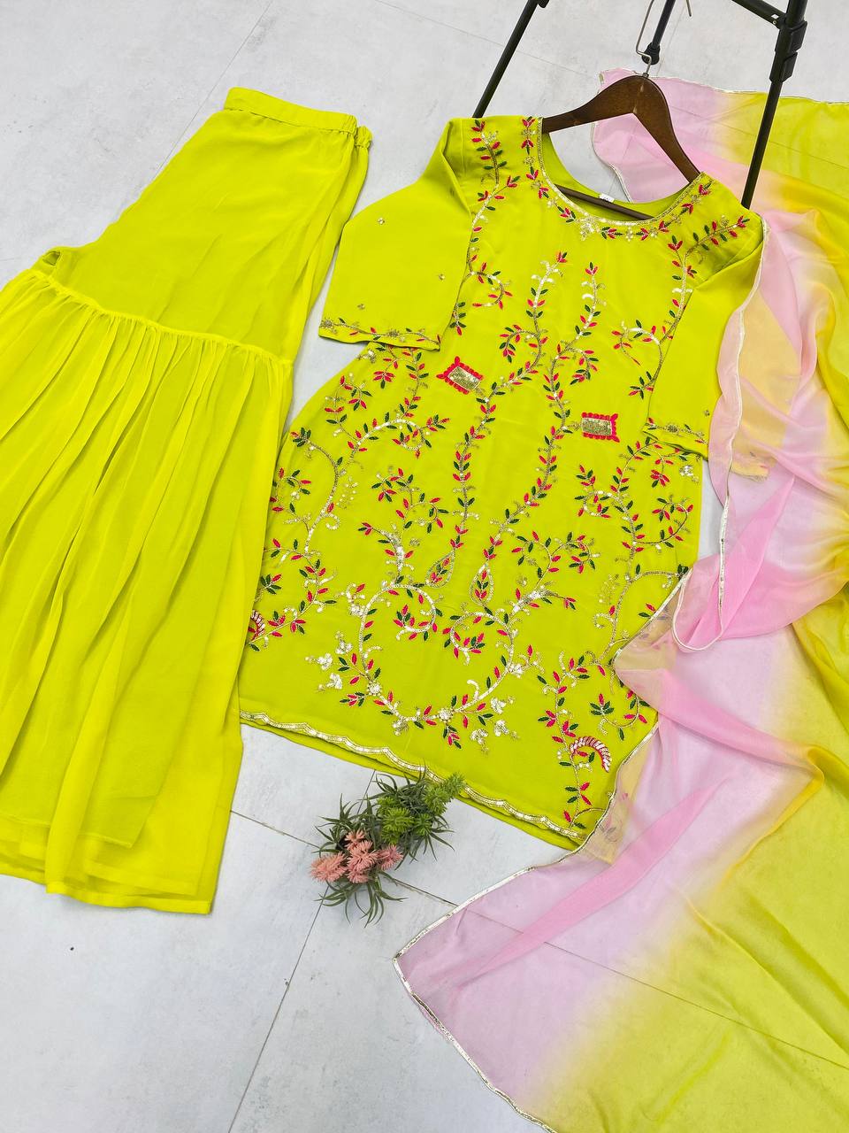 DESIGNER WEAR EXCLUSIVE SARARA SUIT IN EMBROIDERED WORKED TOP AND SARARA WITH DUPATTA PAIR  single available wholesale