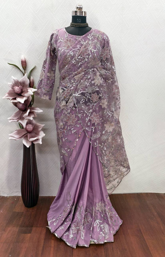 DESIGNER HEAVY NATURAL SILK AND SOFT NET WITH  EMBROIDERY SEQUENCE WORK single available wholesale