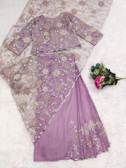 DESIGNER HEAVY NATURAL SILK AND SOFT NET WITH  EMBROIDERY SEQUENCE WORK single available wholesale