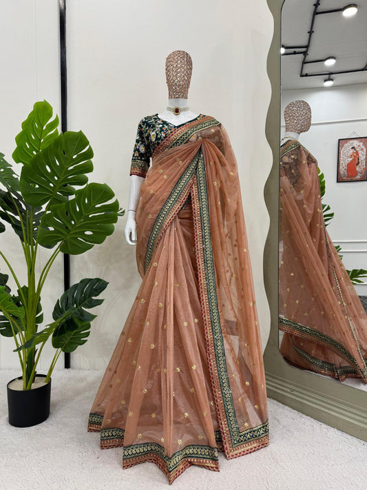 Looking some one for this same colour beautiful Designer Saree on Twil Net Febric with Thred & Sequnce work and blouse on mono benglori silk Febric with Thred & Sequnce work.