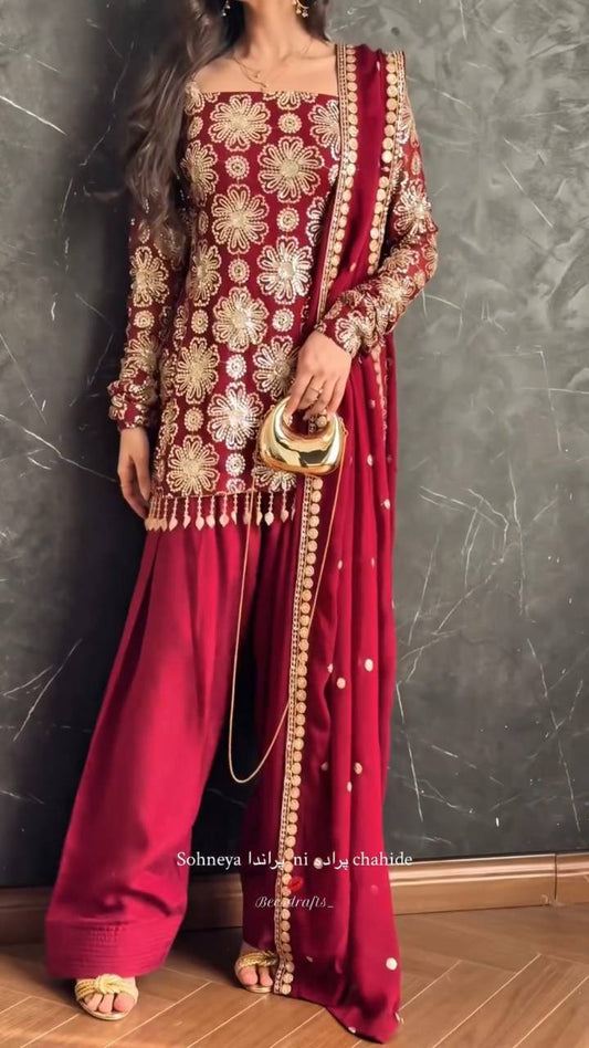 Trending Farsi Suit With Natural Crep fabric & Embroidery work Top Sharara nd Duppata
