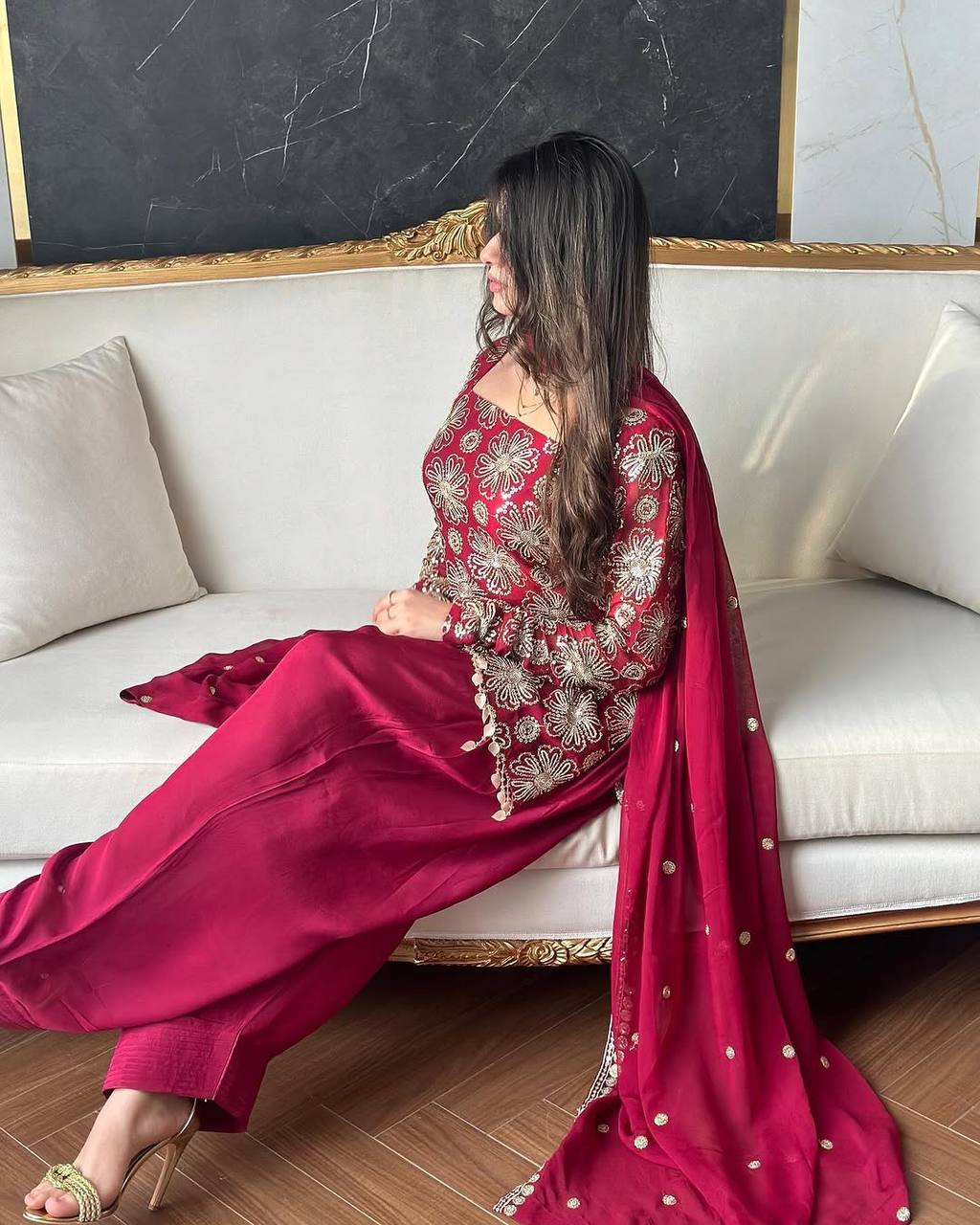 Trending Farsi Suit With Natural Crep fabric & Embroidery work Top Sharara nd Duppata