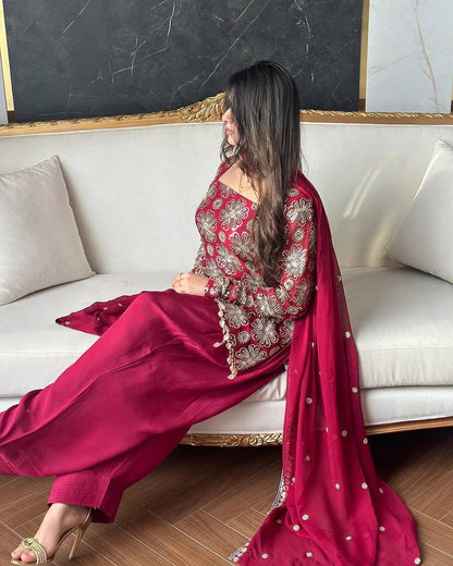 Trending Farsi Suit With Natural Crep fabric & Embroidery work Top Sharara nd Duppata