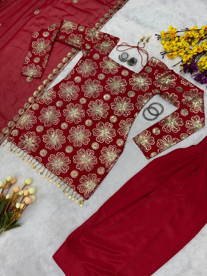 Trending Farsi Suit With Natural Crep fabric & Embroidery work Top Sharara nd Duppata