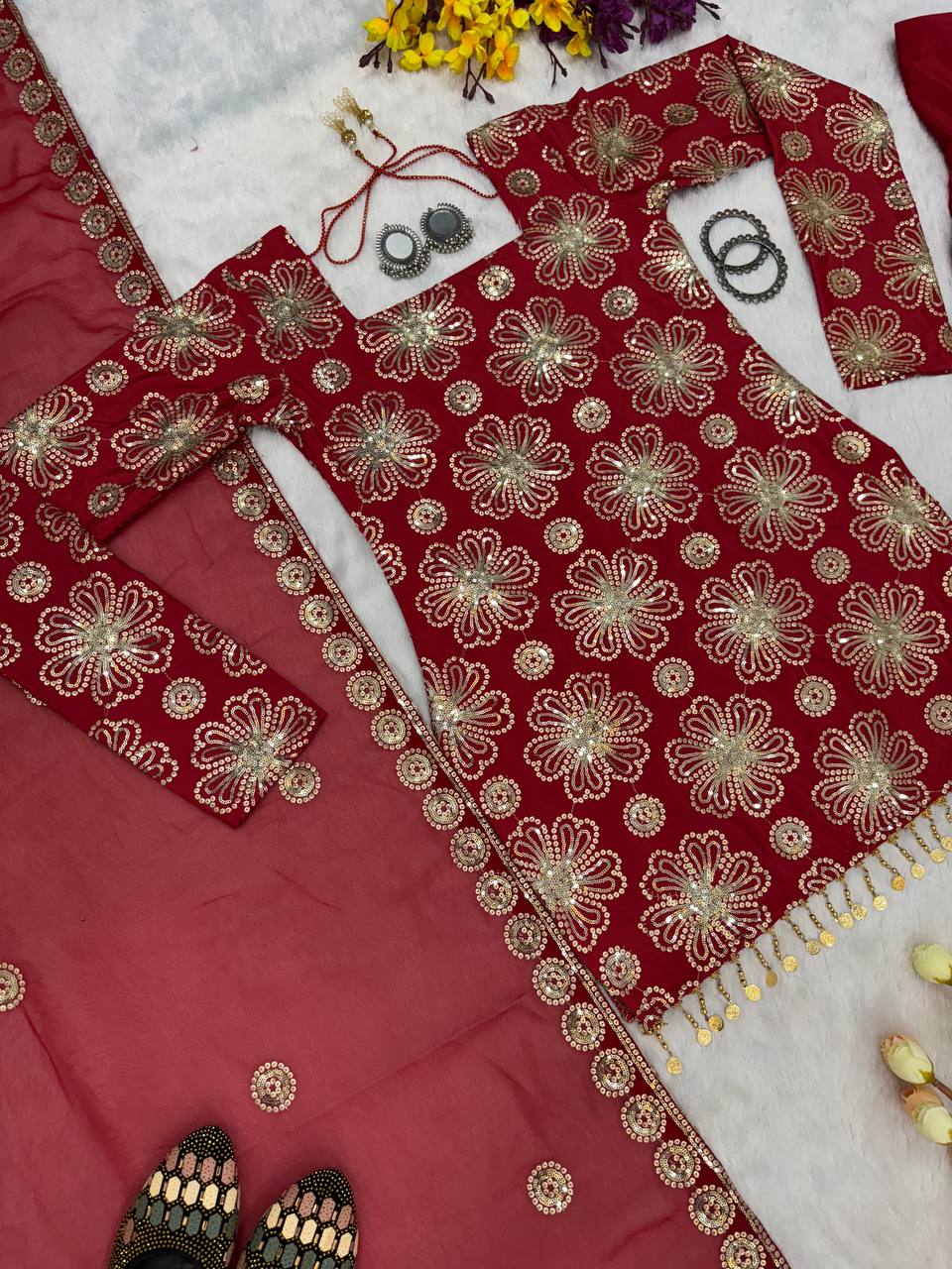 Trending Farsi Suit With Natural Crep fabric & Embroidery work Top Sharara nd Duppata