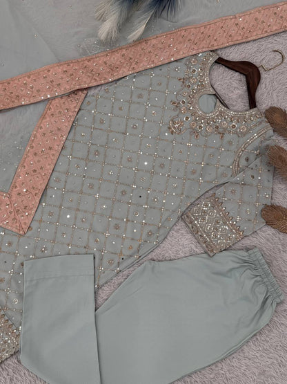 NEW READY TO WEAR DESIGN HEAVY EMBROIDERY AND SEQUENCE WORK TOP - PENT WITH  DUPATTA