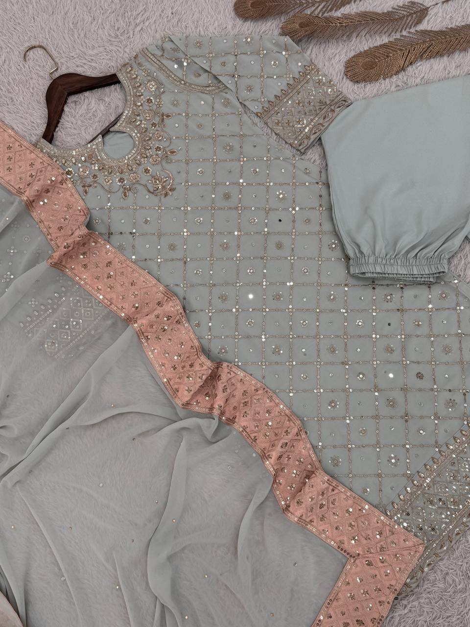 NEW READY TO WEAR DESIGN HEAVY EMBROIDERY AND SEQUENCE WORK TOP - PENT WITH  DUPATTA