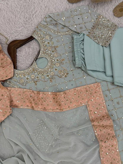 NEW READY TO WEAR DESIGN HEAVY EMBROIDERY AND SEQUENCE WORK TOP - PENT WITH  DUPATTA