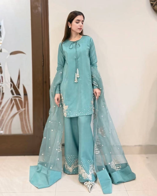 New Designer Collection In Natural Crep Silk Top-Bottom And Dupatta Set Fully Stitched Ready To Wear