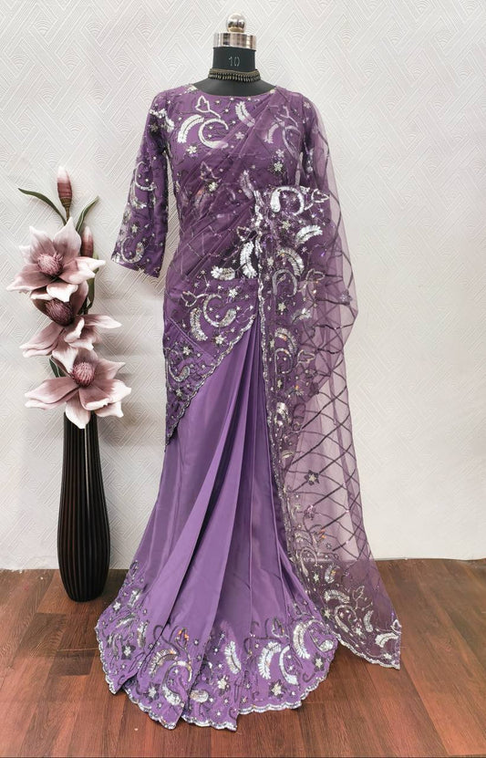 DESIGNER HEAVY NATURAL SILK AND SOFT NET WITH  EMBROIDERY SEQUENCE WORK single available wholesale