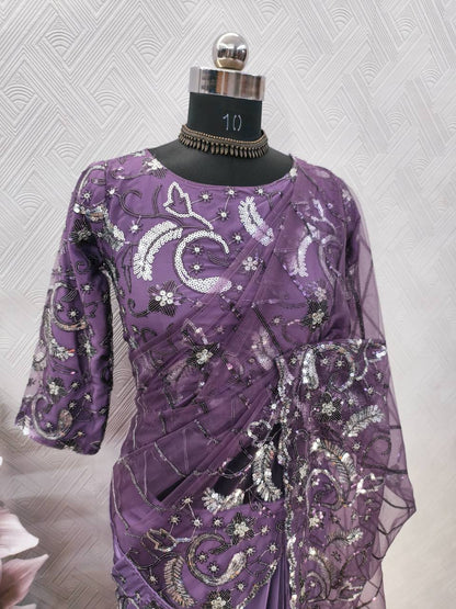 DESIGNER HEAVY NATURAL SILK AND SOFT NET WITH  EMBROIDERY SEQUENCE WORK single available wholesale