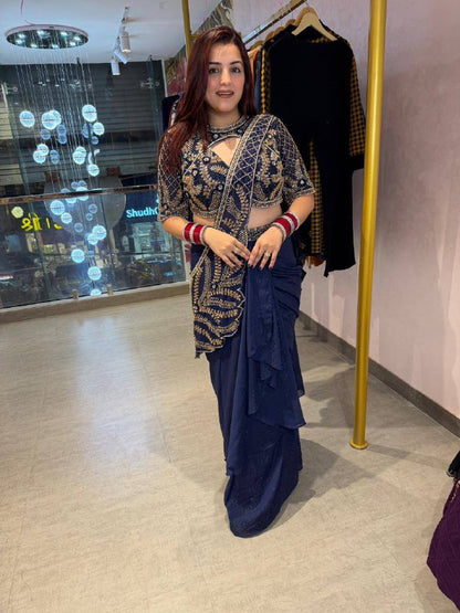 DRAPE SAREE….* 🚀 *🥻WE ARE LAUNCHING NEW SUPERHIT TRENDING READY TO WEAR SAREE WITH SEMI-BEADS & EMBROIDERED STYLIST BLOUSE & ON FAUX GEORGETTE FABRIC