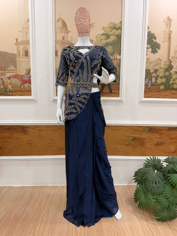 DRAPE SAREE….* 🚀 *🥻WE ARE LAUNCHING NEW SUPERHIT TRENDING READY TO WEAR SAREE WITH SEMI-BEADS & EMBROIDERED STYLIST BLOUSE & ON FAUX GEORGETTE FABRIC