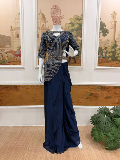 DRAPE SAREE….* 🚀 *🥻WE ARE LAUNCHING NEW SUPERHIT TRENDING READY TO WEAR SAREE WITH SEMI-BEADS & EMBROIDERED STYLIST BLOUSE & ON FAUX GEORGETTE FABRIC