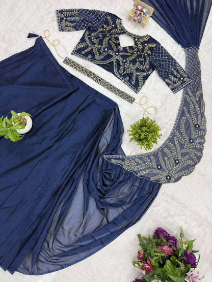 DRAPE SAREE….* 🚀 *🥻WE ARE LAUNCHING NEW SUPERHIT TRENDING READY TO WEAR SAREE WITH SEMI-BEADS & EMBROIDERED STYLIST BLOUSE & ON FAUX GEORGETTE FABRIC