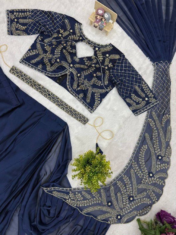 DRAPE SAREE….* 🚀 *🥻WE ARE LAUNCHING NEW SUPERHIT TRENDING READY TO WEAR SAREE WITH SEMI-BEADS & EMBROIDERED STYLIST BLOUSE & ON FAUX GEORGETTE FABRIC