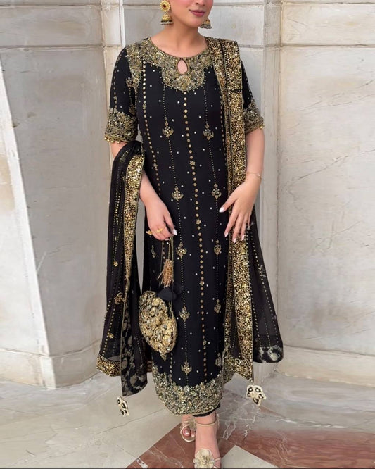 New Premium Collection With Embroidery And Sequence Worked Top-Bottom And Dupatta Set Fully Stitched Ready To Wear