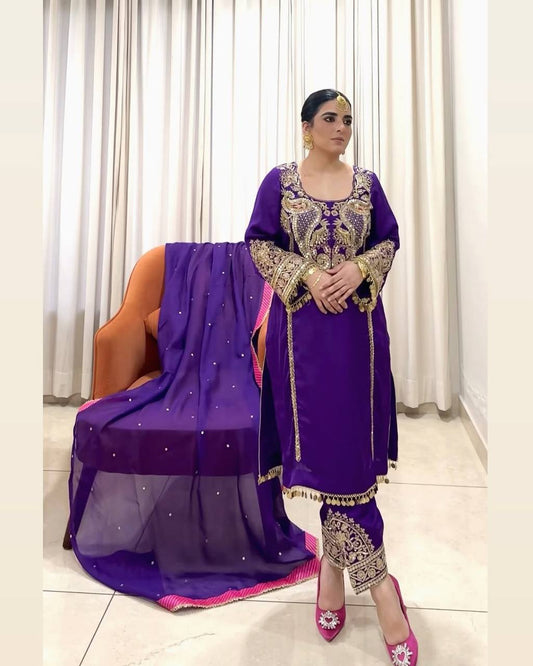 DESIGNER PARTY WEAR HEAVY EMBROIDERY SEQUENCE WORK 3 PIS SUIT SET single available wholesale