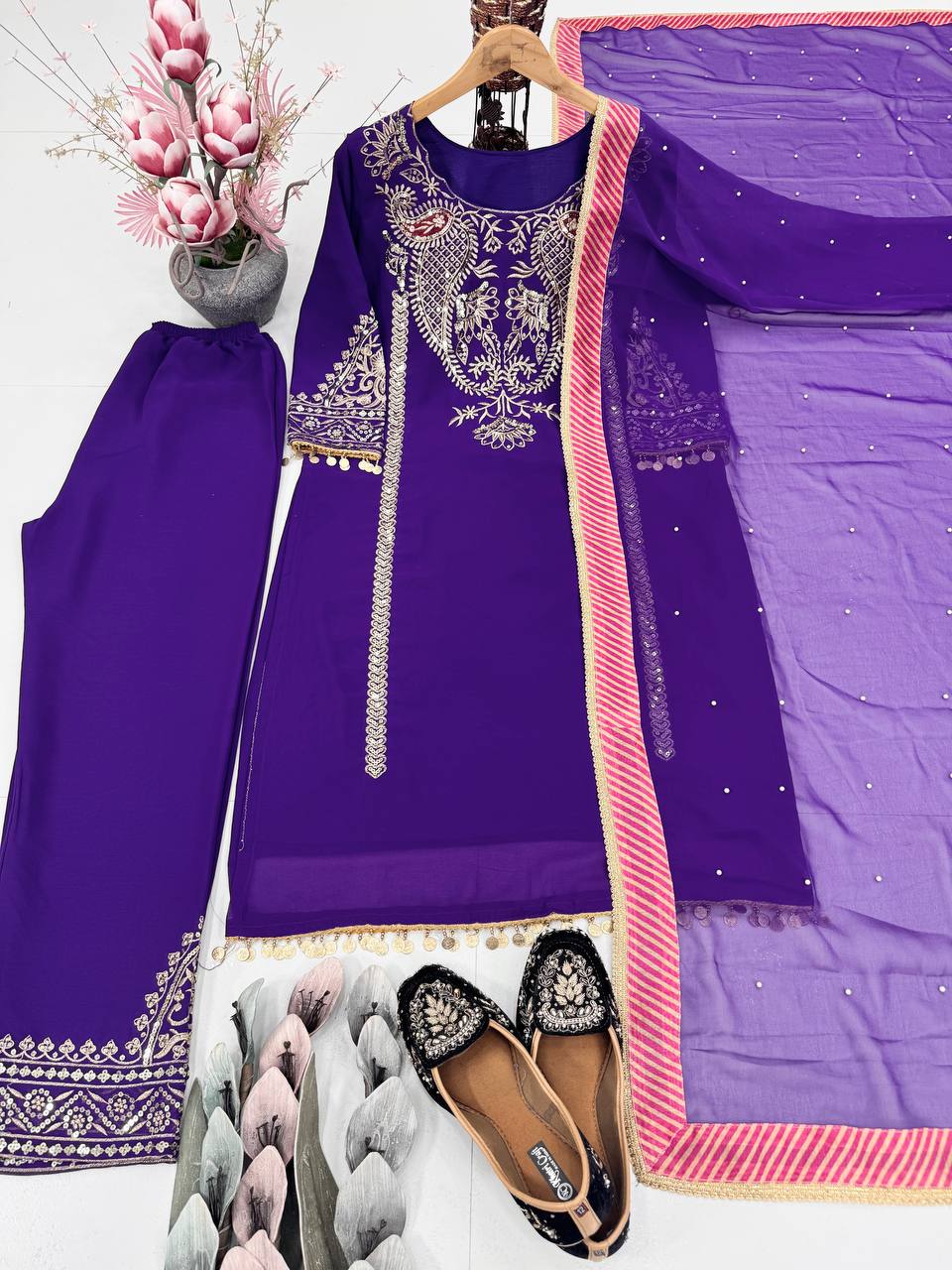 DESIGNER PARTY WEAR HEAVY EMBROIDERY SEQUENCE WORK 3 PIS SUIT SET single available wholesale