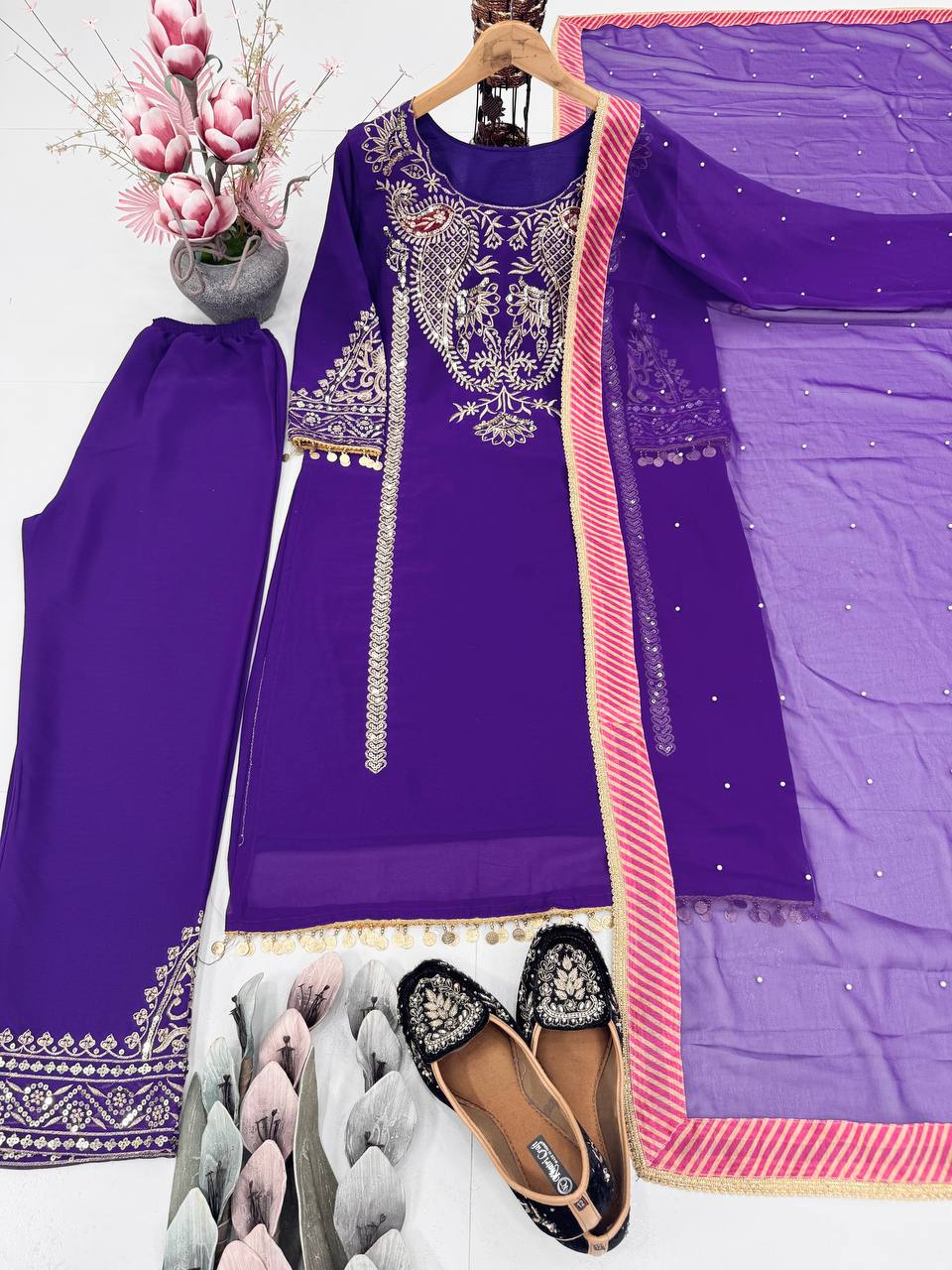DESIGNER PARTY WEAR HEAVY EMBROIDERY SEQUENCE WORK 3 PIS SUIT SET single available wholesale