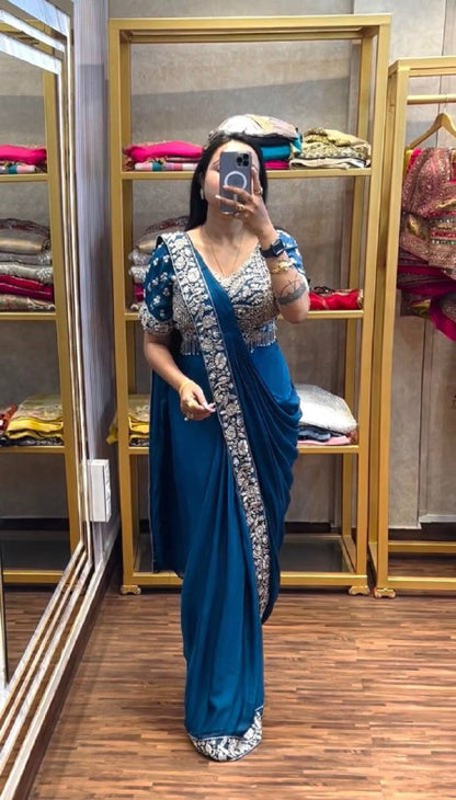 DRAPE SAREE….* 🚀 *🥻EXCLUSIVE OUTFIT AS READY TO WEAR SAREE WITH SEMI-BEADS & EMBROIDERED STYLIST BLOUSE & ON CHINON FABRIC🥻