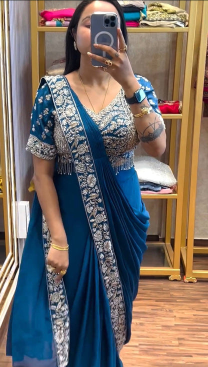 DRAPE SAREE….* 🚀 *🥻EXCLUSIVE OUTFIT AS READY TO WEAR SAREE WITH SEMI-BEADS & EMBROIDERED STYLIST BLOUSE & ON CHINON FABRIC🥻
