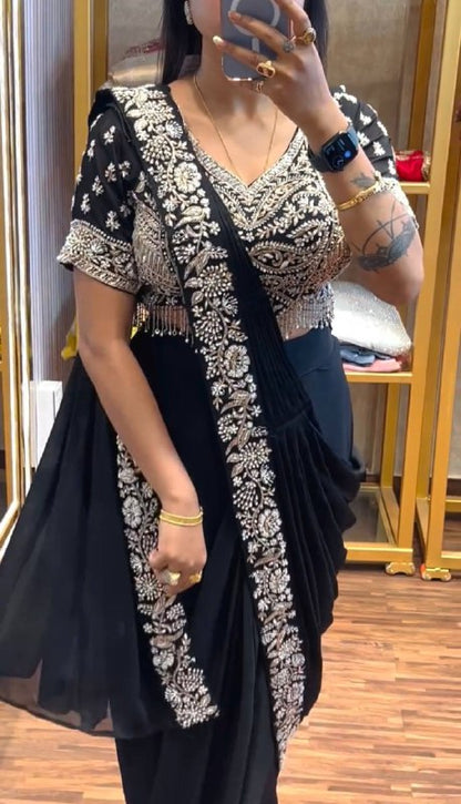 DRAPE SAREE….* 🚀 *🥻EXCLUSIVE OUTFIT AS READY TO WEAR SAREE WITH SEMI-BEADS & EMBROIDERED STYLIST BLOUSE & ON CHINON FABRIC🥻