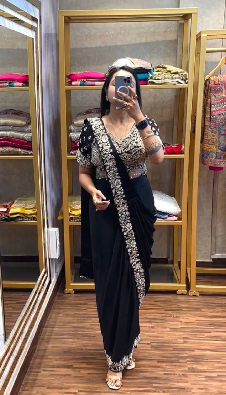 DRAPE SAREE….* 🚀 *🥻EXCLUSIVE OUTFIT AS READY TO WEAR SAREE WITH SEMI-BEADS & EMBROIDERED STYLIST BLOUSE & ON CHINON FABRIC🥻