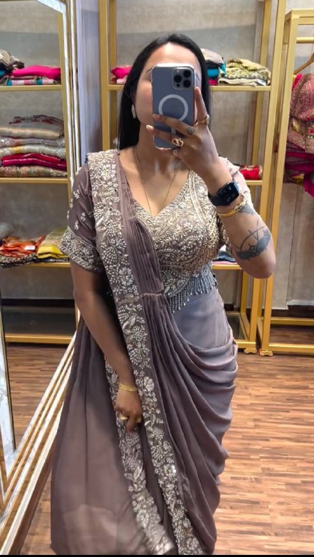 DRAPE SAREE….* 🚀 *🥻EXCLUSIVE OUTFIT AS READY TO WEAR SAREE WITH SEMI-BEADS & EMBROIDERED STYLIST BLOUSE & ON CHINON FABRIC🥻