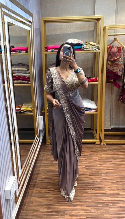 DRAPE SAREE….* 🚀 *🥻EXCLUSIVE OUTFIT AS READY TO WEAR SAREE WITH SEMI-BEADS & EMBROIDERED STYLIST BLOUSE & ON CHINON FABRIC🥻