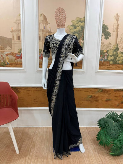 DRAPE SAREE….* 🚀 *🥻EXCLUSIVE OUTFIT AS READY TO WEAR SAREE WITH SEMI-BEADS & EMBROIDERED STYLIST BLOUSE & ON CHINON FABRIC🥻