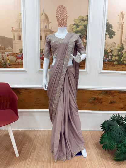 DRAPE SAREE….* 🚀 *🥻EXCLUSIVE OUTFIT AS READY TO WEAR SAREE WITH SEMI-BEADS & EMBROIDERED STYLIST BLOUSE & ON CHINON FABRIC🥻
