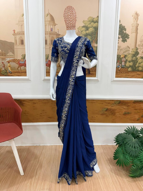 DRAPE SAREE….* 🚀 *🥻EXCLUSIVE OUTFIT AS READY TO WEAR SAREE WITH SEMI-BEADS & EMBROIDERED STYLIST BLOUSE & ON CHINON FABRIC🥻