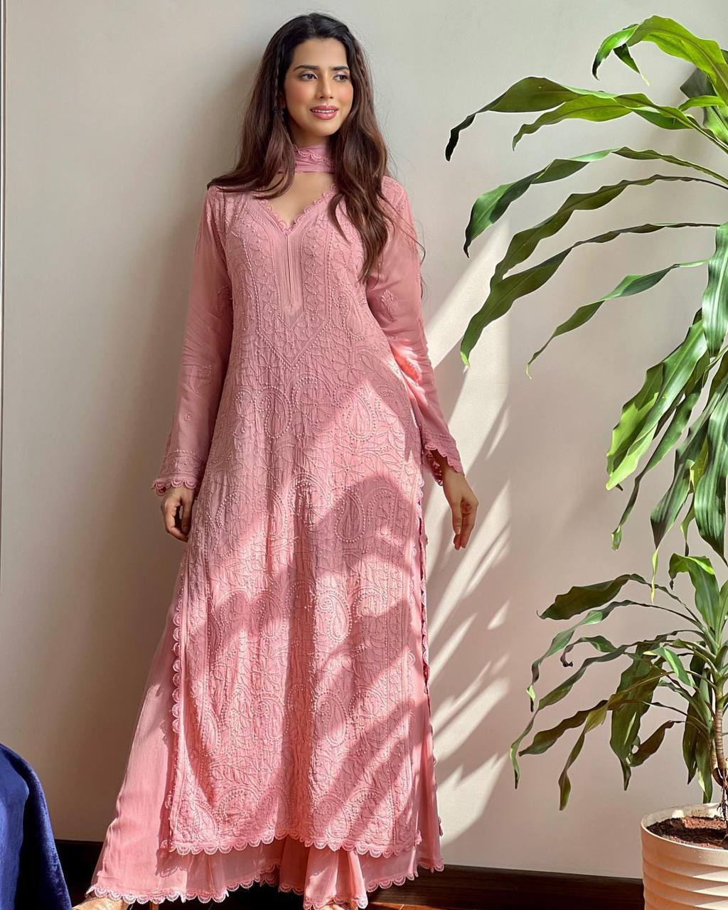 summer FAUX GEORGETTE TOP COTTON THREAD EMBROIDERED WORK AND WORK PLAZO WITH DUPATTA