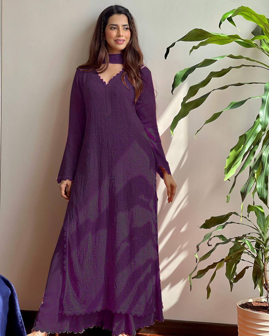summer FAUX GEORGETTE TOP COTTON THREAD EMBROIDERED WORK AND WORK PLAZO WITH DUPATTA