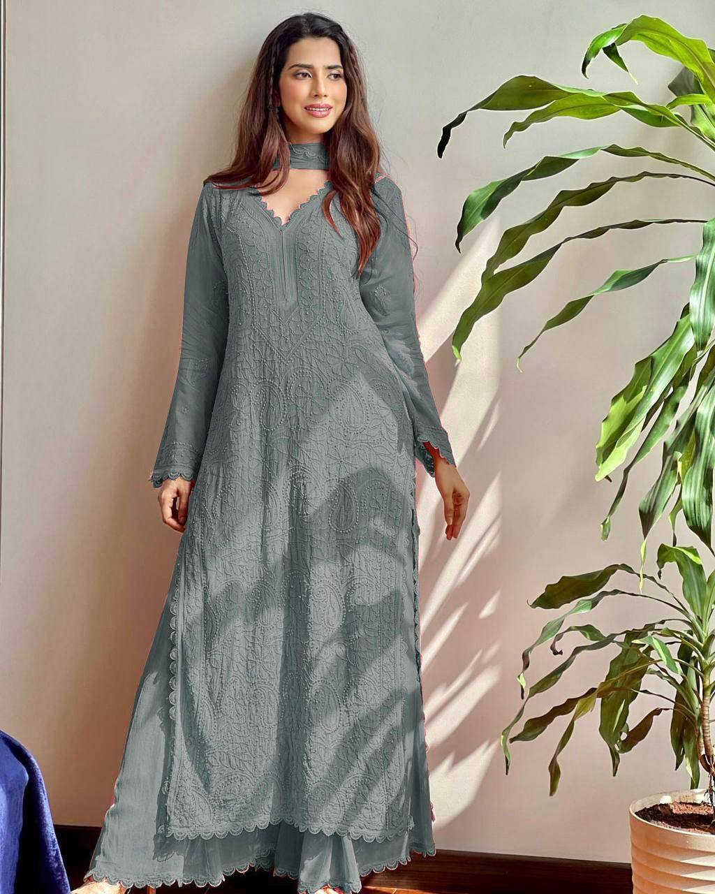 summer FAUX GEORGETTE TOP COTTON THREAD EMBROIDERED WORK AND WORK PLAZO WITH DUPATTA