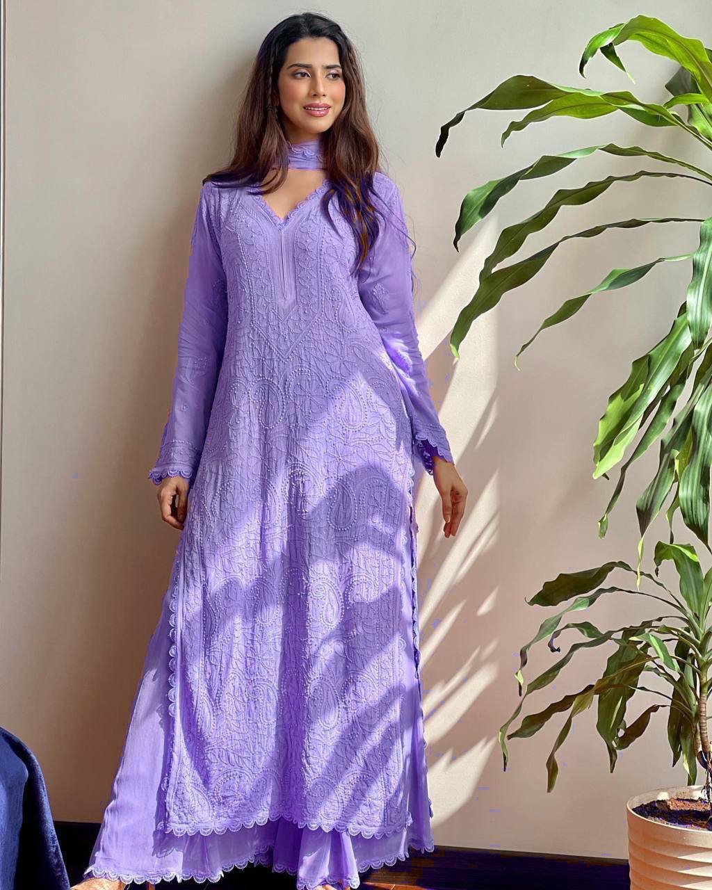 summer FAUX GEORGETTE TOP COTTON THREAD EMBROIDERED WORK AND WORK PLAZO WITH DUPATTA