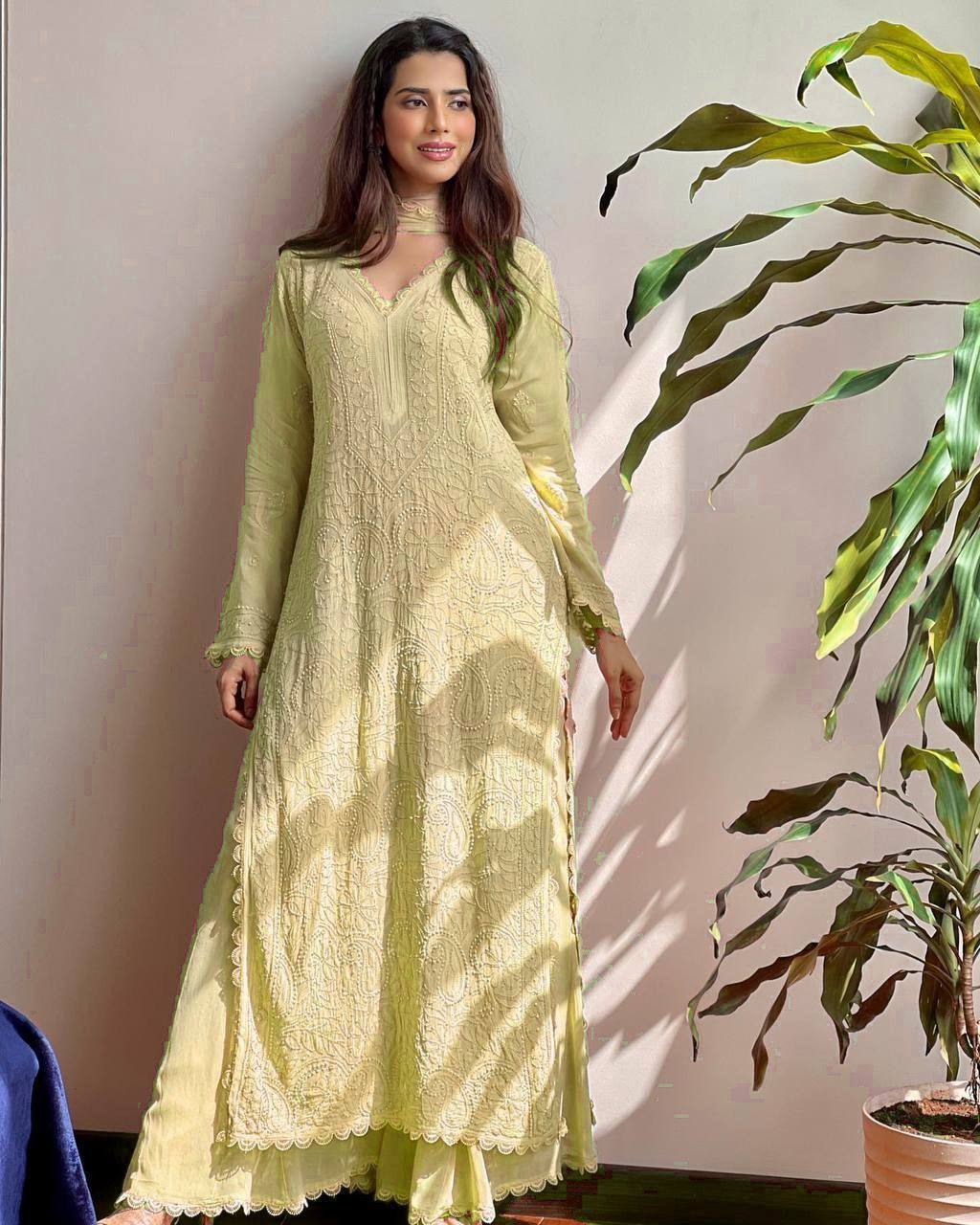 summer FAUX GEORGETTE TOP COTTON THREAD EMBROIDERED WORK AND WORK PLAZO WITH DUPATTA