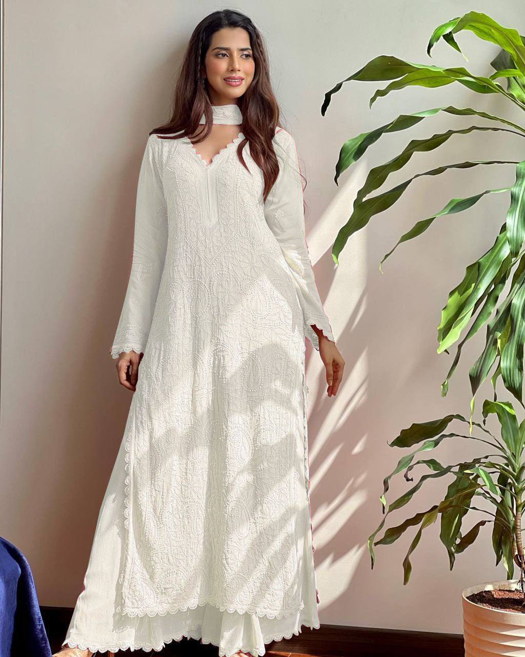 summer FAUX GEORGETTE TOP COTTON THREAD EMBROIDERED WORK AND WORK PLAZO WITH DUPATTA