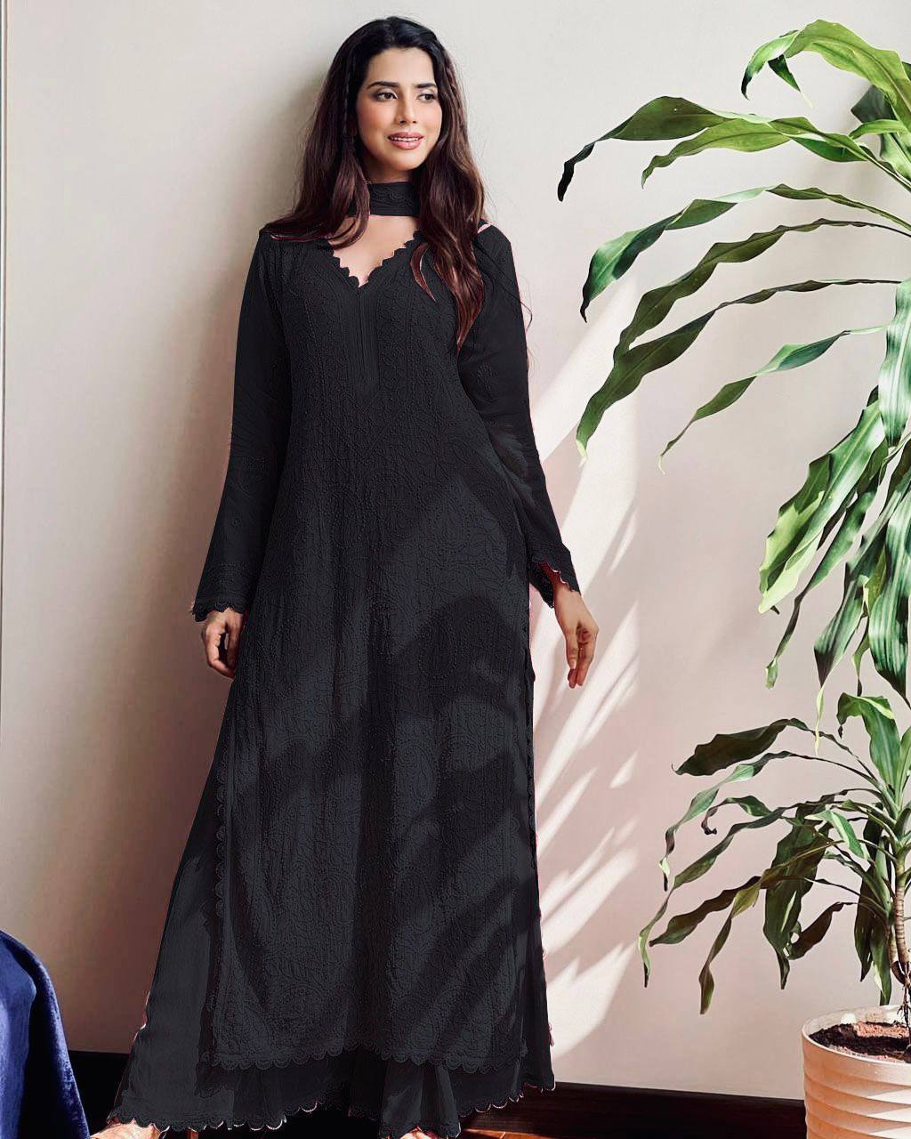 summer FAUX GEORGETTE TOP COTTON THREAD EMBROIDERED WORK AND WORK PLAZO WITH DUPATTA