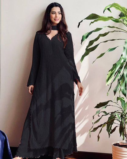 summer FAUX GEORGETTE TOP COTTON THREAD EMBROIDERED WORK AND WORK PLAZO WITH DUPATTA