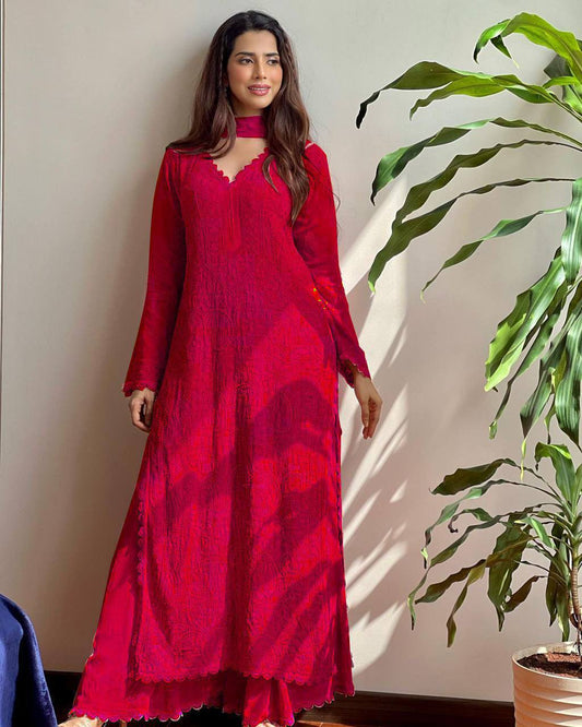 summer FAUX GEORGETTE TOP COTTON THREAD EMBROIDERED WORK AND WORK PLAZO WITH DUPATTA