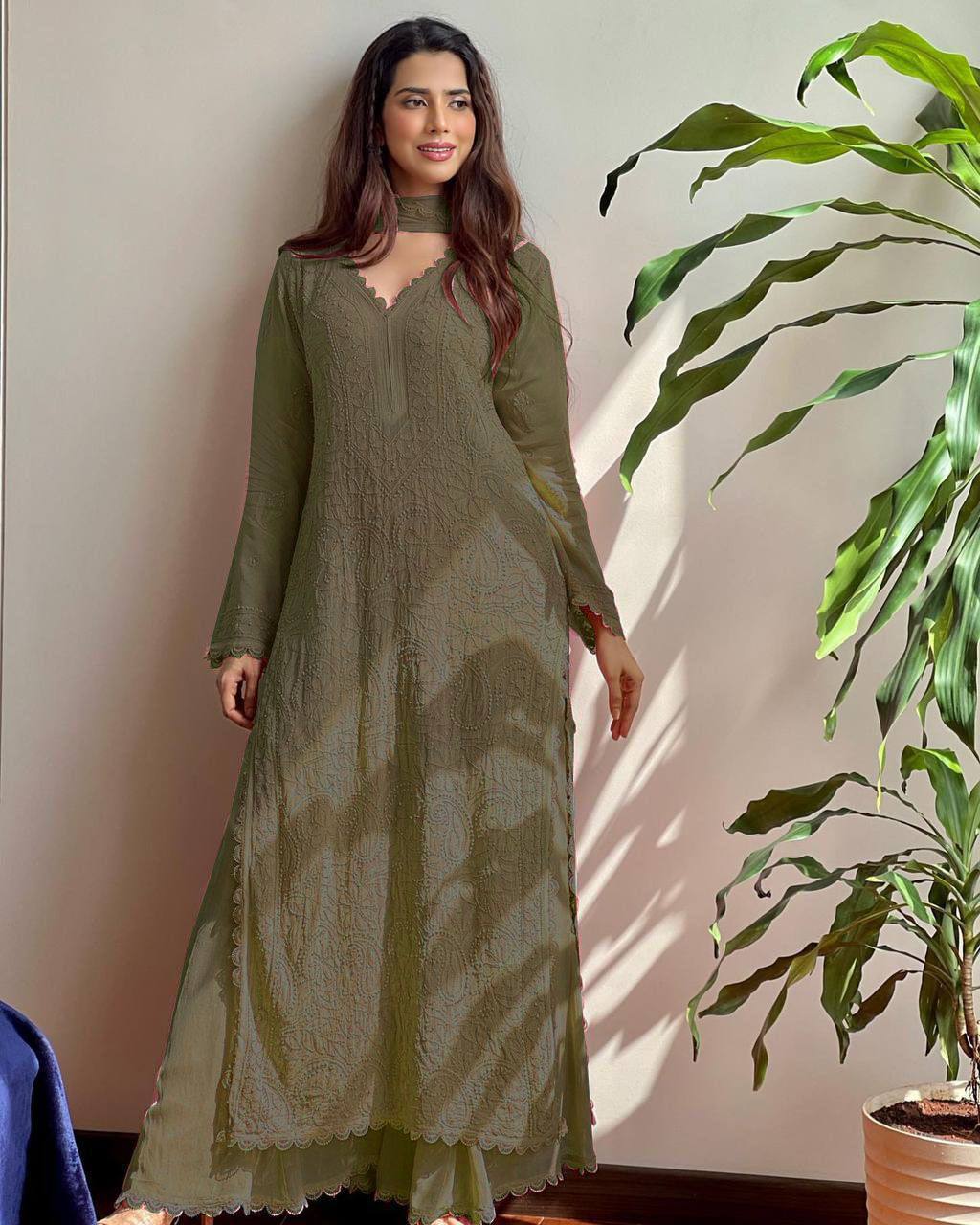 summer FAUX GEORGETTE TOP COTTON THREAD EMBROIDERED WORK AND WORK PLAZO WITH DUPATTA