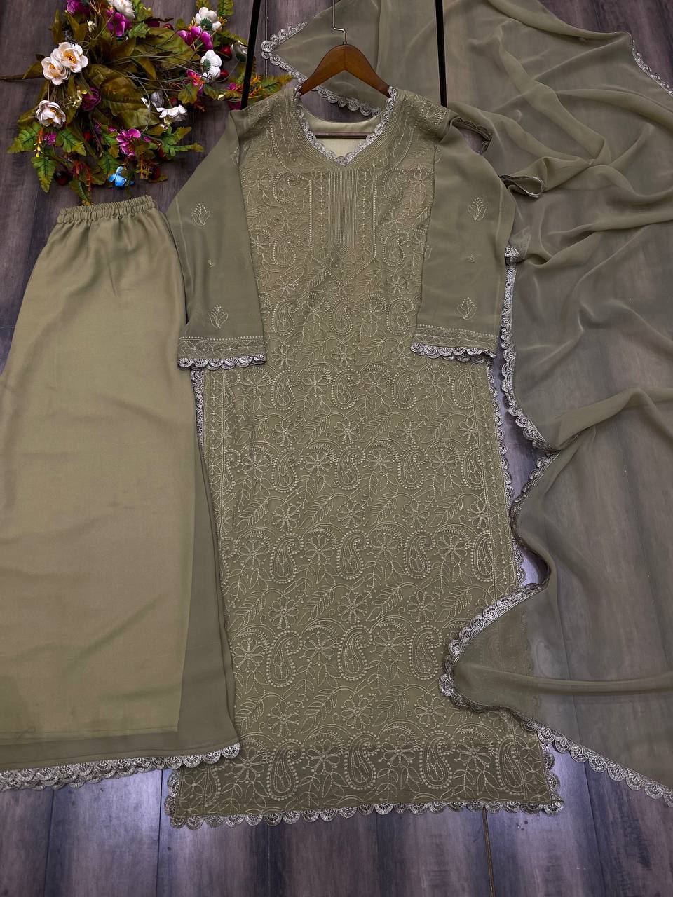 summer FAUX GEORGETTE TOP COTTON THREAD EMBROIDERED WORK AND WORK PLAZO WITH DUPATTA