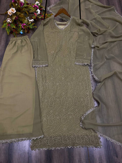 summer FAUX GEORGETTE TOP COTTON THREAD EMBROIDERED WORK AND WORK PLAZO WITH DUPATTA