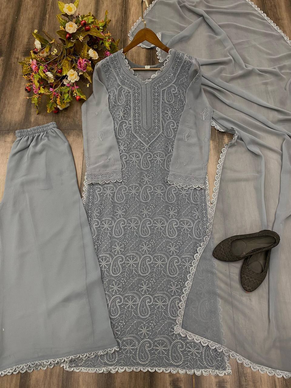 summer FAUX GEORGETTE TOP COTTON THREAD EMBROIDERED WORK AND WORK PLAZO WITH DUPATTA
