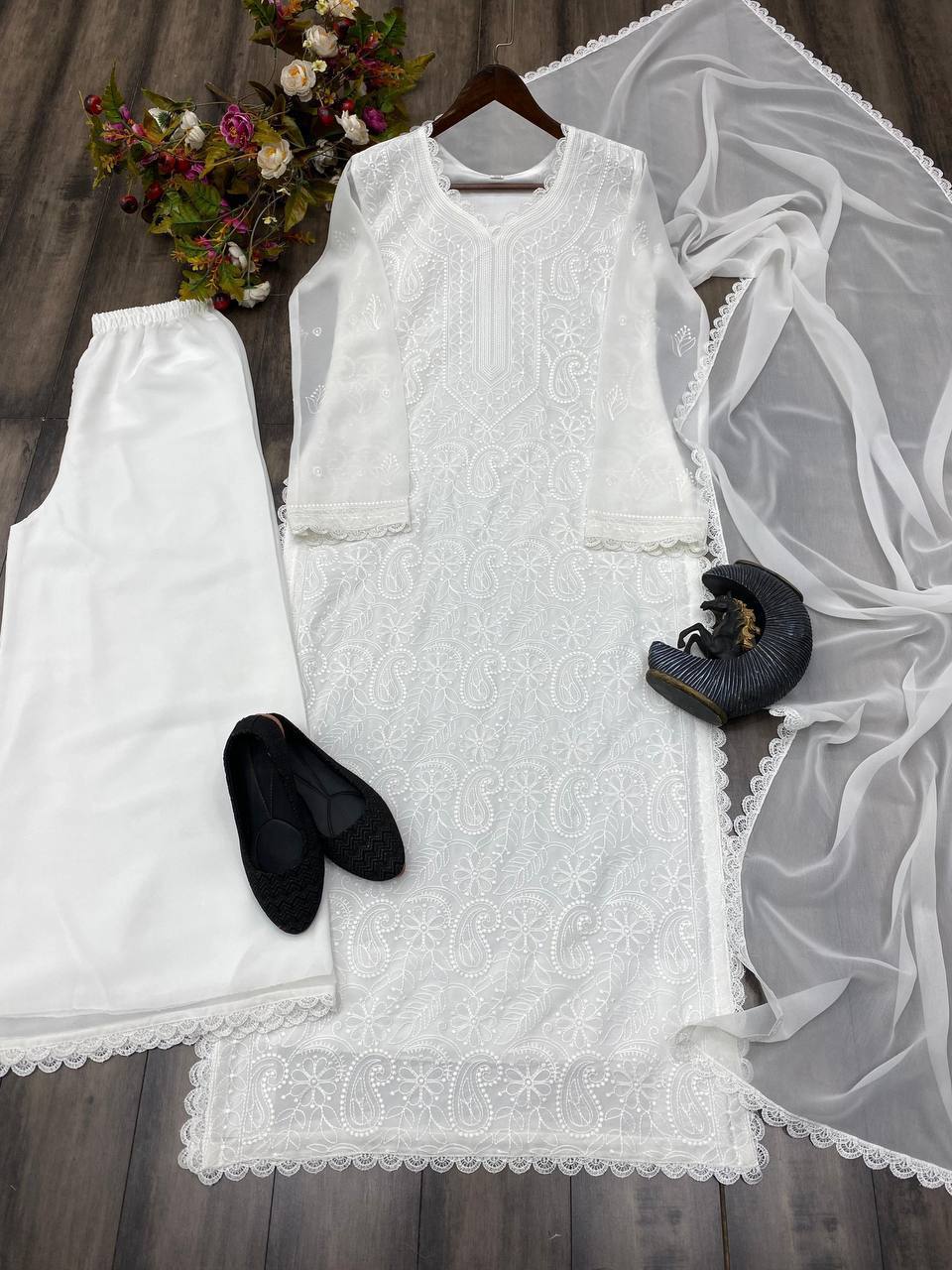 summer FAUX GEORGETTE TOP COTTON THREAD EMBROIDERED WORK AND WORK PLAZO WITH DUPATTA