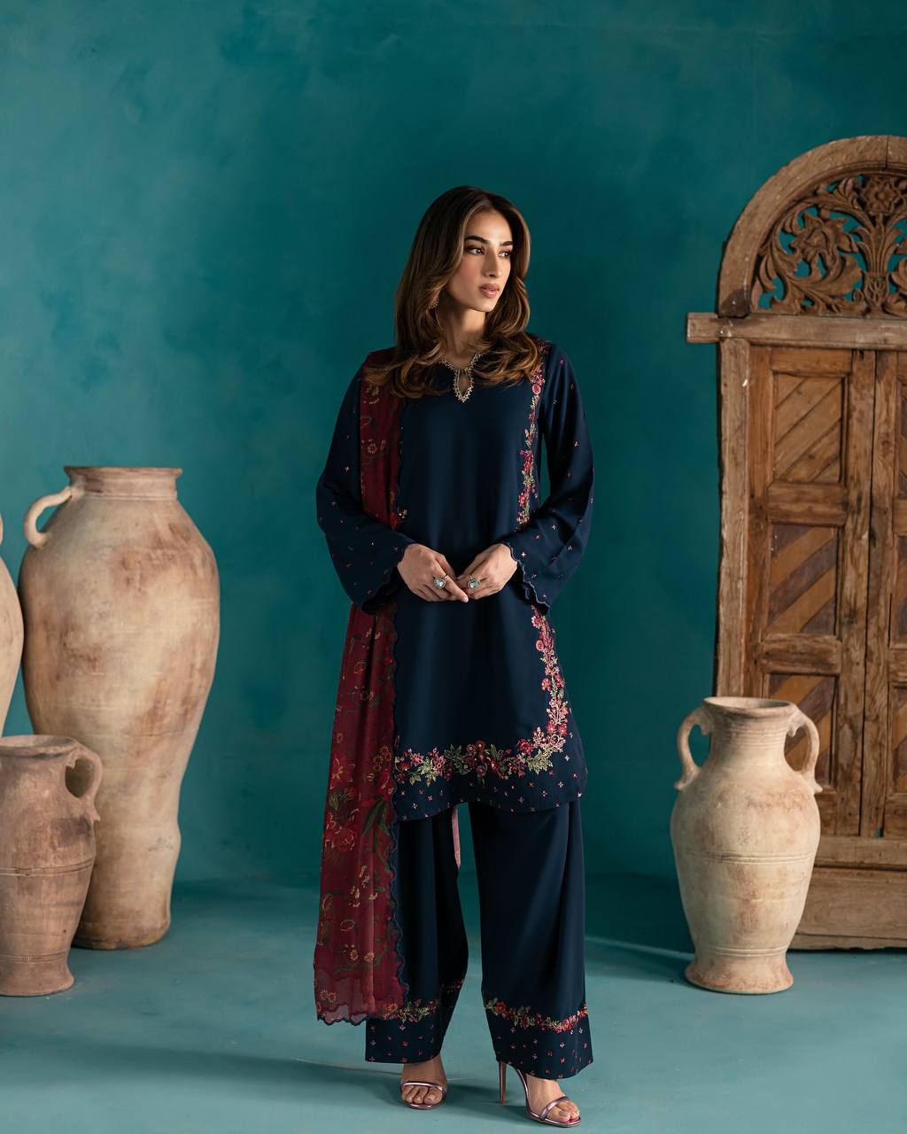 Designer Collection In Natural Crep Silk Top-Bottom And Dupatta Set Fully Stitched Ready To Wear